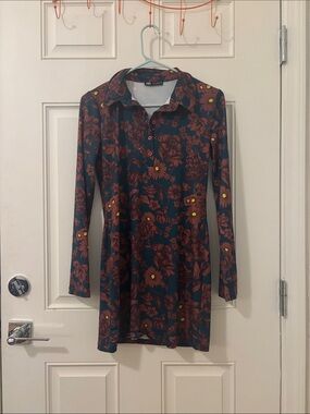 Zara Teal Floral Long Sleeve Polo Dress with Rust and Yellow Details